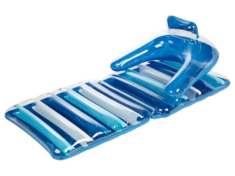 Blauw gestreept opblaasbaar zwembadbed en -stoel.