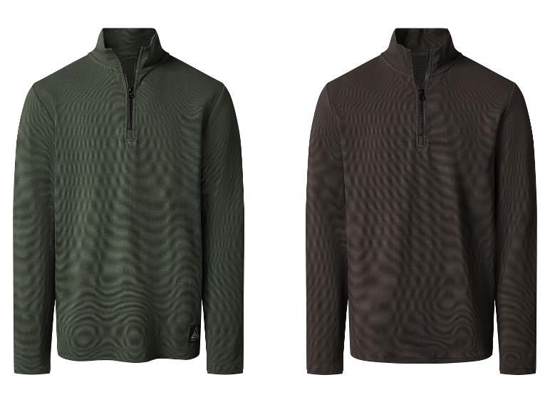 Twee heren halfritsvesten in donkergroen en donkerbruin.