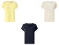Dames tops met korte mouwen: een gele, een beige en een marineblauwe met V-hals.