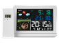 Digitale weerstation met buitensensor toont temperatuur, luchtvochtigheid, voorspelling, maanfase en tijd.