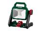 Draagbare LED-werklamp met een groen frame, rode accenten en een zwarte standaard