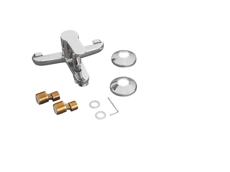 Verchroomde kraan, aansluitstukken en montage-accessoires.
