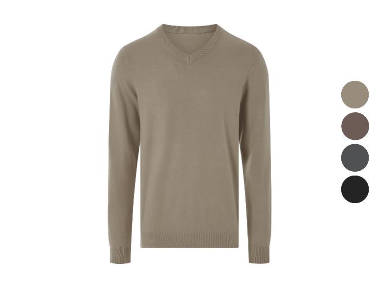 Heren V-hals trui in beige, met kleuropties: bruin, grijs en zwart.