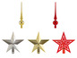 Kerstboomspitsen in goud, zilver en rood met sterren.