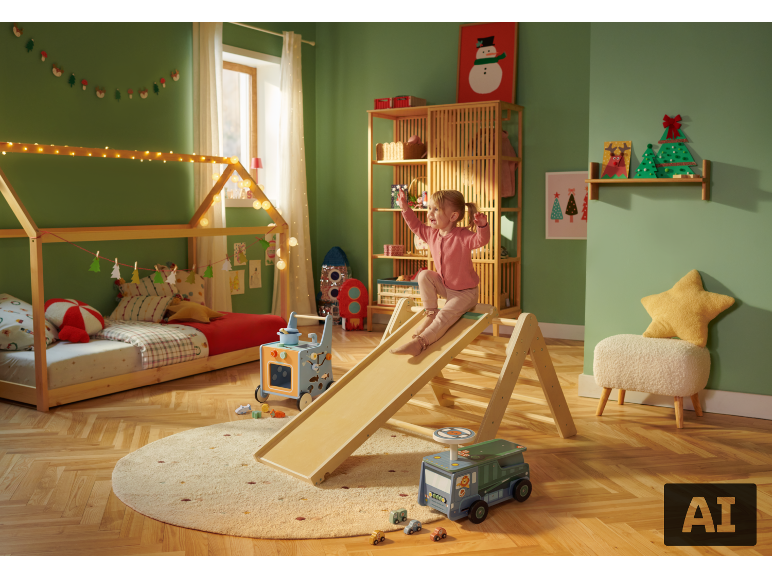 Kinderkamer met huisbed, glijbaan, planken en kerstdecoraties.