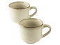 Twee beige keramische mokken met een donkerbruine rand.