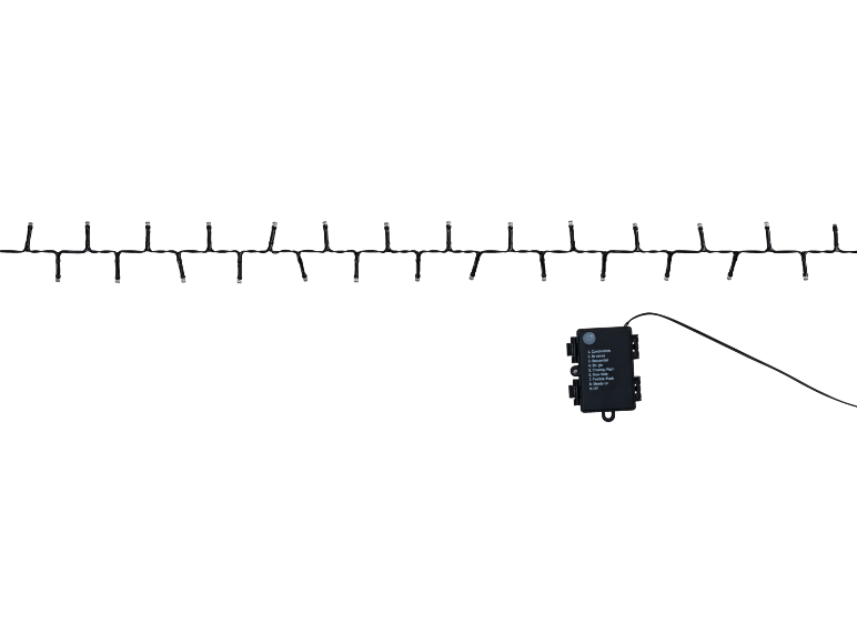 Zwarte LED-lichtsnoer met controller die 9 verlichtingsmodi biedt.