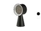 Zwarte tafelventilator met witte rand en grijs rooster