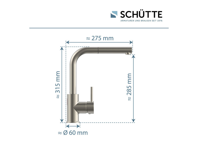 Schets van een Schütte keukenkraan met afmetingen.