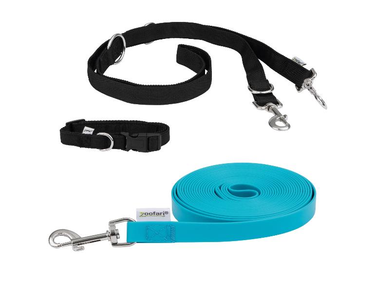 Zooafari hondenaccessoireset: halsband, dubbele riem en lintriem.