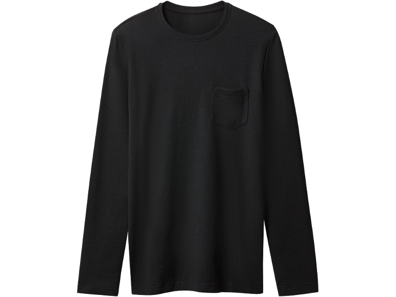 Zwart heren T-shirt met lange mouwen, ronde hals en borstzakje.