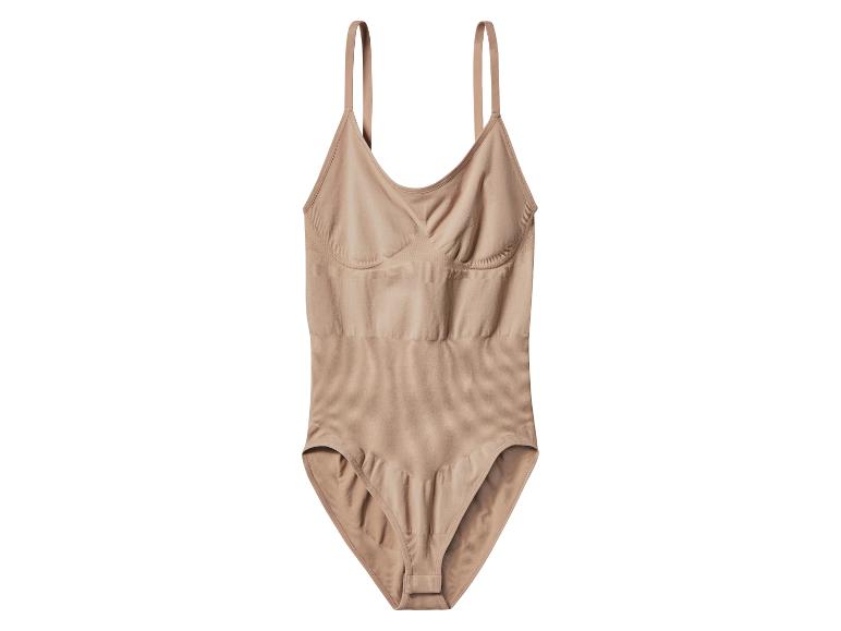 Beige corrigerende bodysuit met dunne bandjes en getextureerde details.