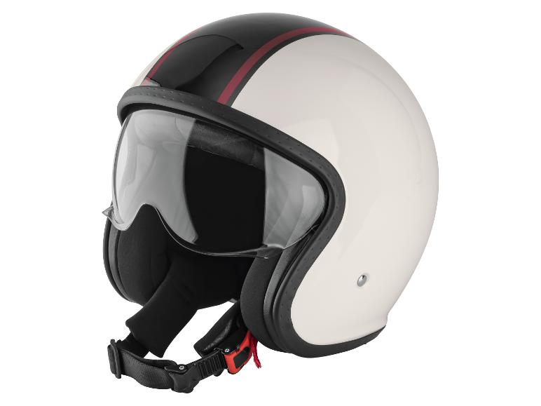 Witte motorhelm met zwarte en rode streep, voorzien van een helder vizier.