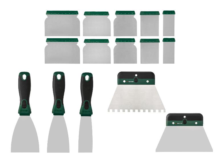 Parkside spatelset: verschillende vormen en maten voor schilder- en decoratiewerk.