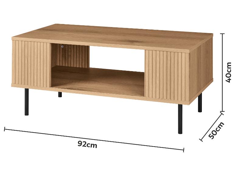 Houten salontafel met geribbelde details en zwarte poten, afmeting 92x50x40 cm.