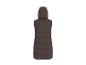 Lange gewatteerde bodywarmer met capuchon in bruin, achteraanzicht.
