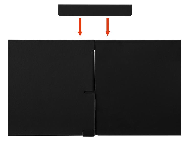 Zwarte metalen panelen met pijlen die montage aangeven