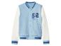 Blauwe en witte bomberjack met cartoonfiguurprint en het nummer 02.