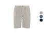 Beige shorts met trekkoord en knoop, met kleuropties grijs, blauw en zwart.