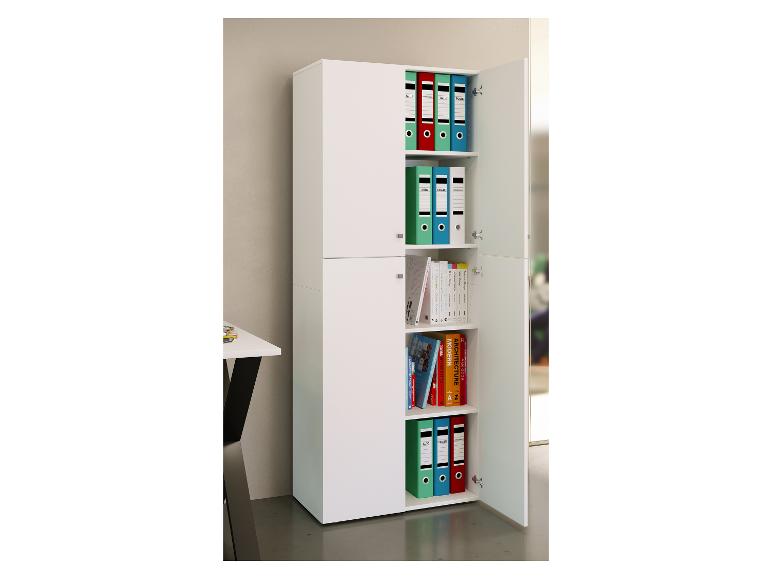 Witte kantoorkast met kleurrijke mappen en designboeken.