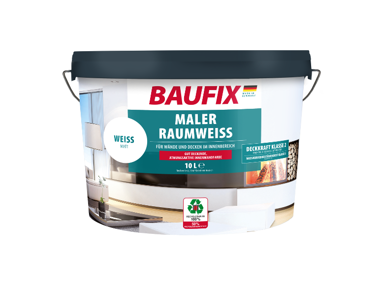 Baufix muur- en plafondverf: 10 liter emmer, mat wit.