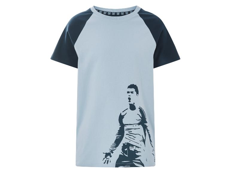 Tweekleurig kinder-T-shirt met een voetbalprint.
