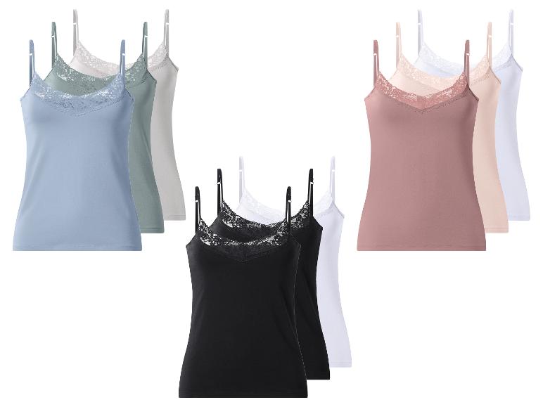 Driepacks kanten spaghettibandjes tops in diverse kleuren: blauw, groen, roze en zwart.