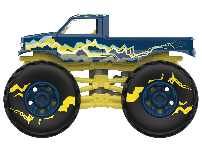 Blauwe monstertruck speelgoed met gele bliksem patronen