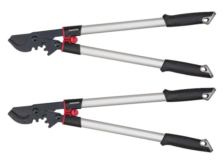 Twee Parkside takkenscharen met zwarte handvatten en zilveren armen.