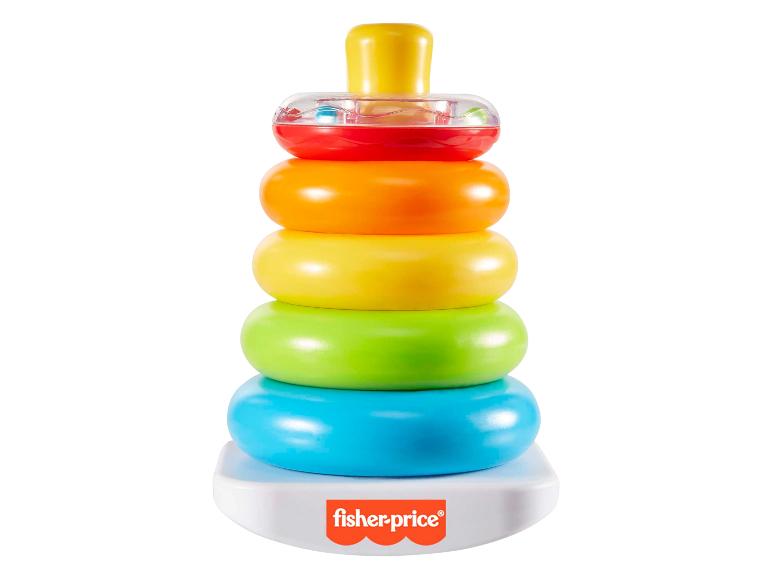 Fisher-Price stapelspeelgoed met kleurrijke ringen en een rammelende bovenste ring.