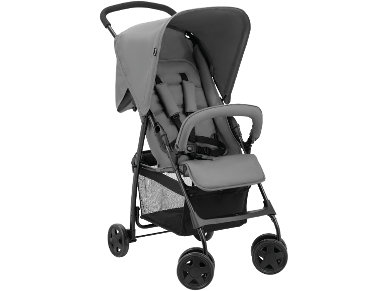 Grijze kinderwagen met kap, veiligheidsharnas en opbergmand.
