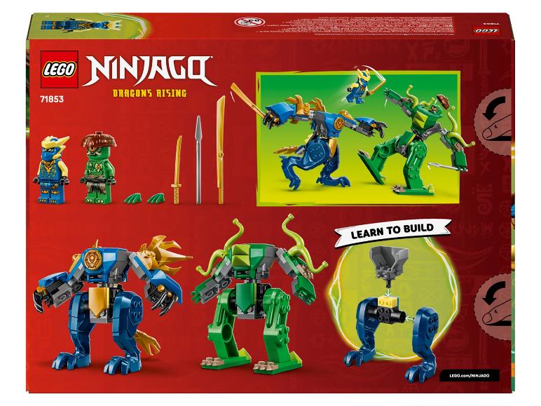 Ninjago Dragons Rising bouwset met blauwe en groene mechs, minifiguren en wapens.