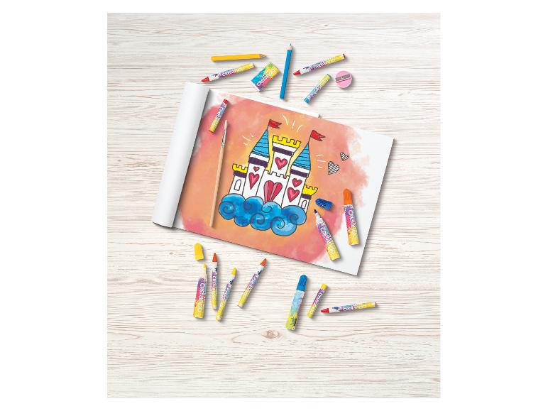 Crayons, stiften en tekening van een kasteel Crelando.