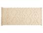 Beige rechthoekig vloerkleed met getextureerd ruitpatroon en franjes.