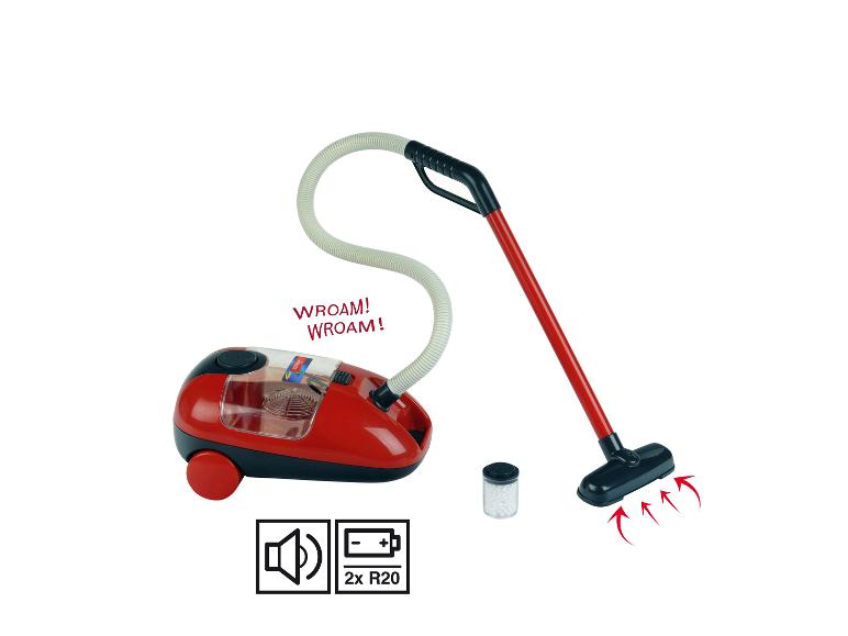 Rode speelgoedstofzuiger met slang en mondstuk, die 'WROAM!' geluiden maakt.