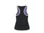 Zwarte dames sporttop met paarse inzetstukken, achteraanzicht.