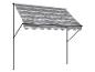 Grijs gestreept zonnescherm met zwarte steunpalen.