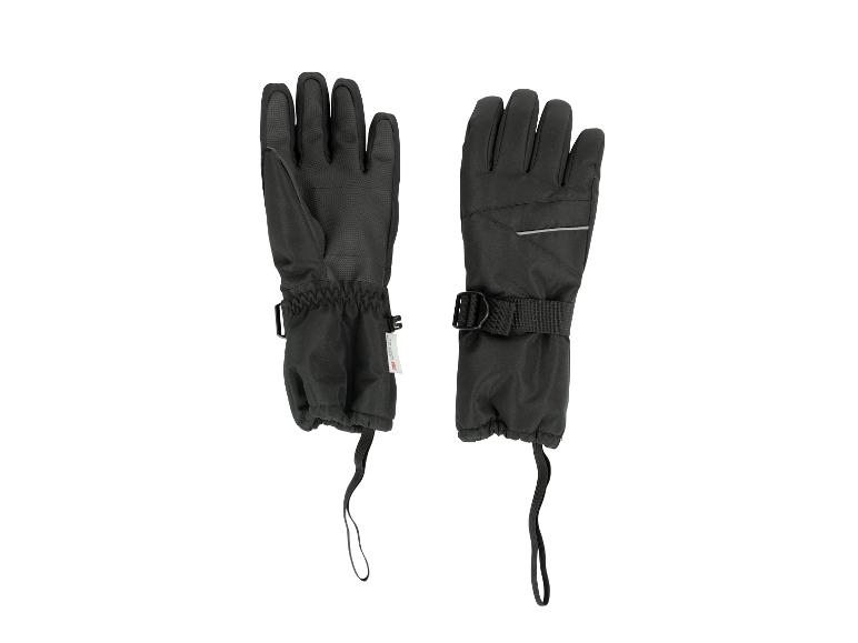 Een paar zwarte winterhandschoenen met verstelbare bandjes en reflecterende elementen.