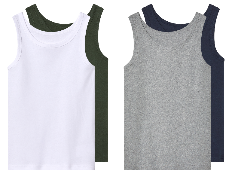 Twee pakken mouwloze t-shirts in verschillende kleuren.