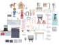 Poppenhuis speelset met meubels, figuren en huisdieraccessoires.