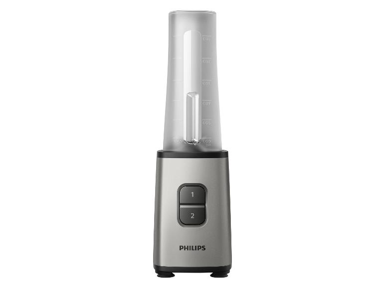 Zilveren Philips blender met transparante maatbeker en twee knoppen.