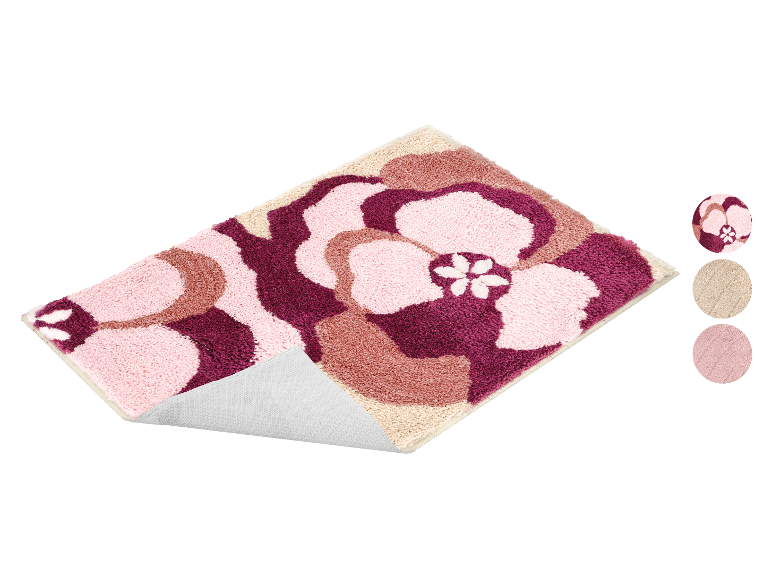 Bloemen badmat in roze, bordeaux en beige tinten, met antislip onderkant.