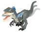 Een grijze velociraptor speelgoedfiguur met blauwe details.