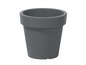 Een donkergrijze plastic plantenpot.
