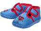 Blauwe kindersloffen met Spiderman-motief en rode biezen.