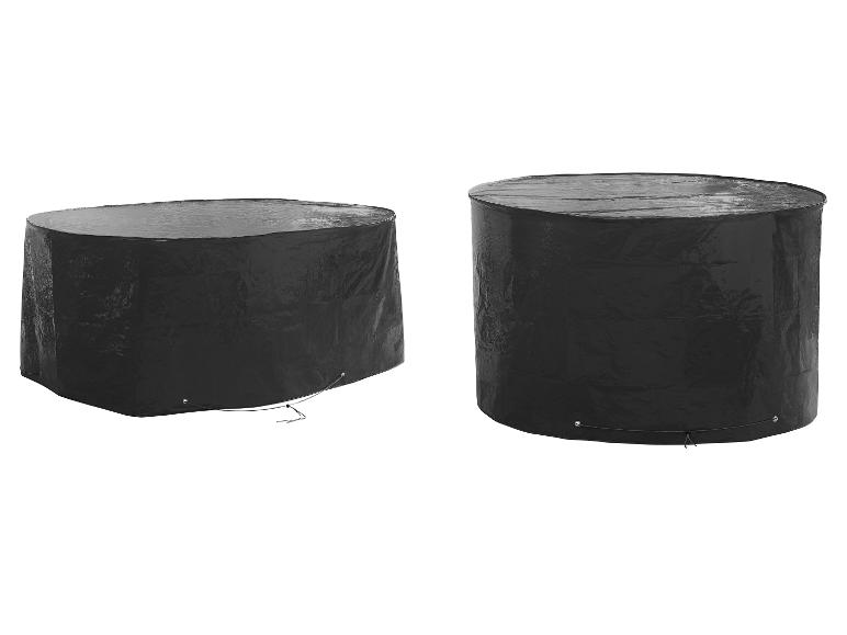 Twee zwarte beschermhoezen voor tuinmeubelen, één ovaal en één rond.