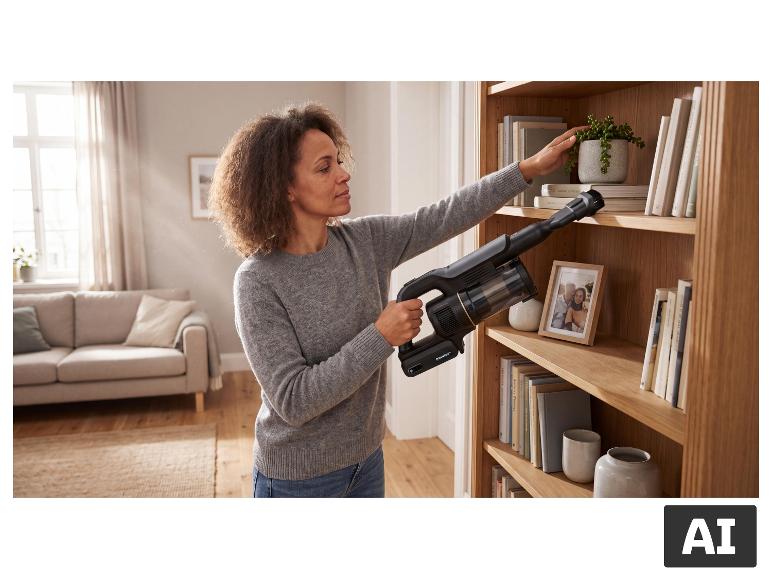 Een vrouw maakt een plank schoon met de SILVERCREST® accu-stofzuiger. [AI-gegenereerde afbeelding]