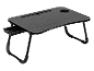 Zwarte opklapbare laptoptafel met bekerhouder en lade.