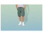 Man draagt ​​groene cargo-shorts en witte sneakers.