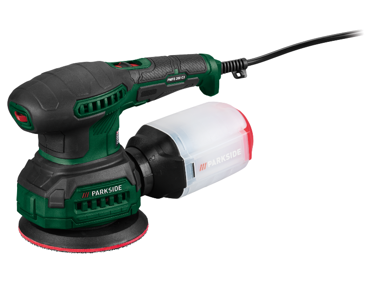 Groene en zwarte excenterschuurmachine met aangehechte stofzak.